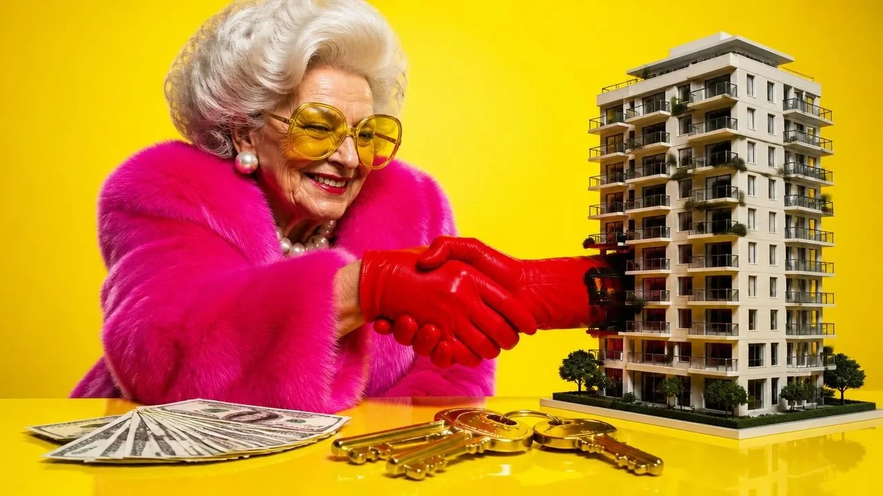 Woman in red gloves closing a deal beside a building and keys