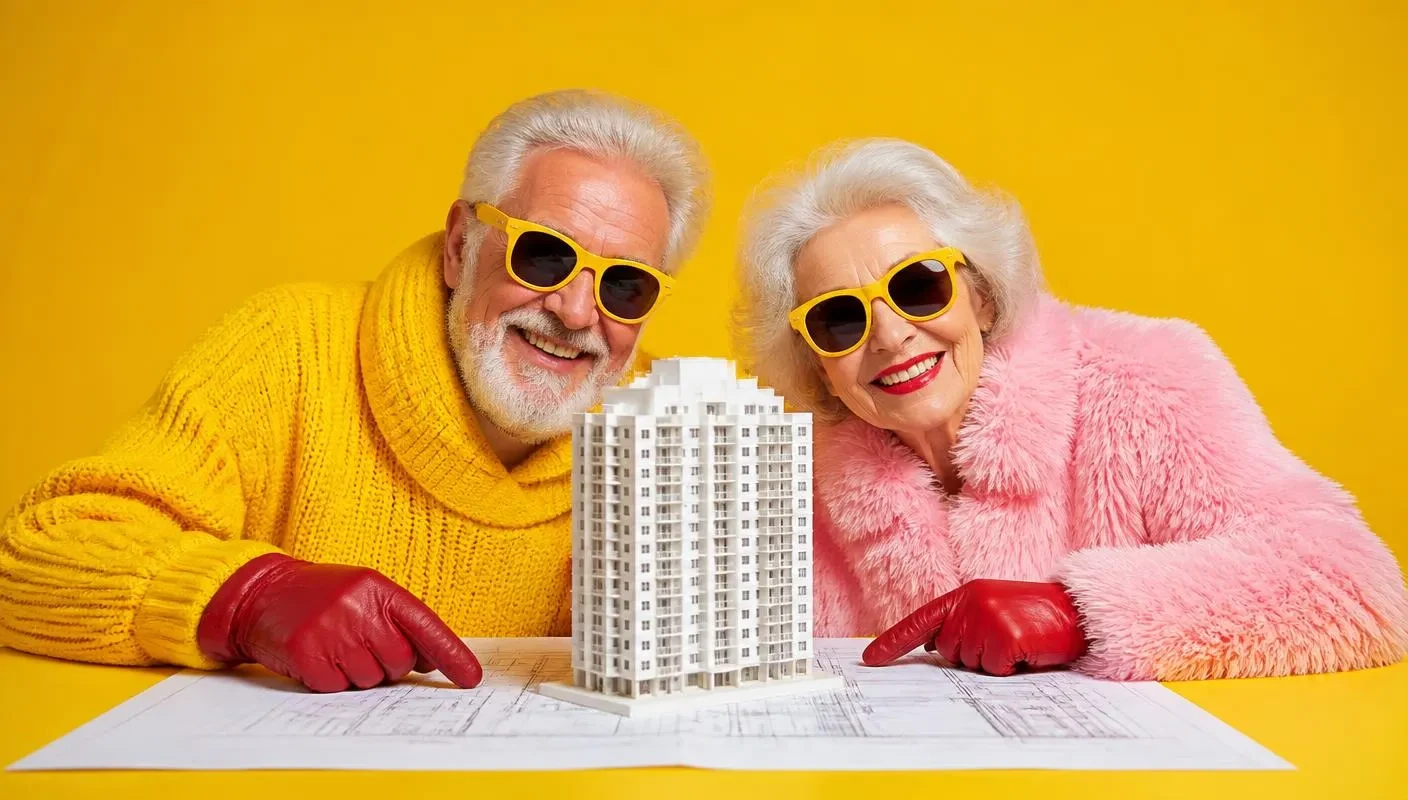 Couple in yellow glasses beside their development model