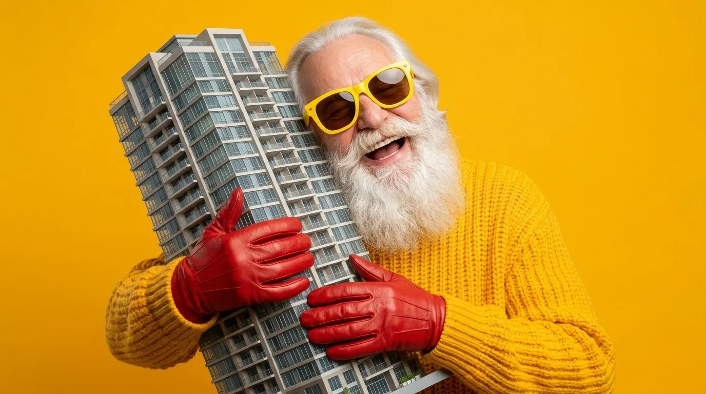 Man in yellow glasses and red gloves holding a model residential tower