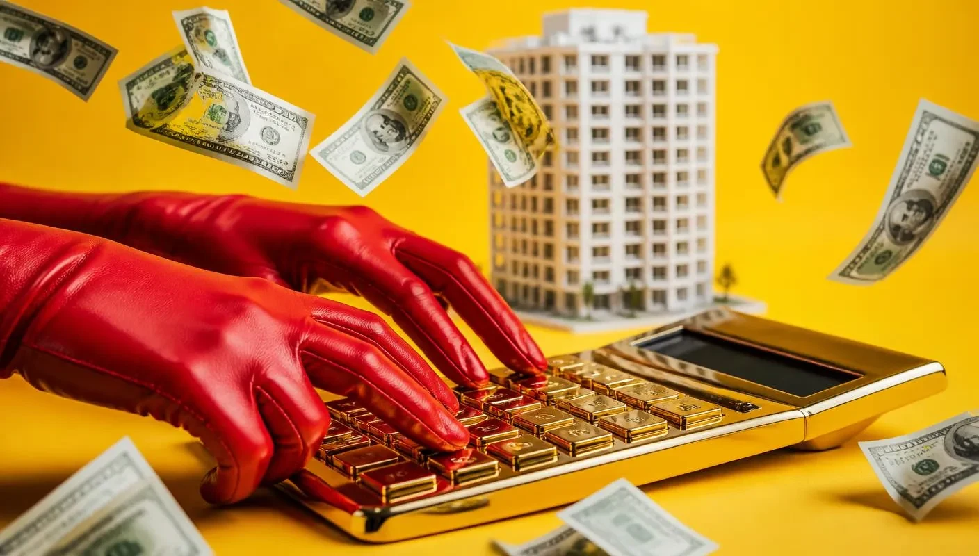 Red gloves calculating development costs on a gold calculator